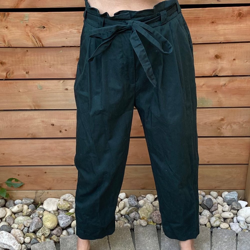 Zara Basic Deep Green High Waist 100% Cotton Trouser Tie Pant Tapered Ankle